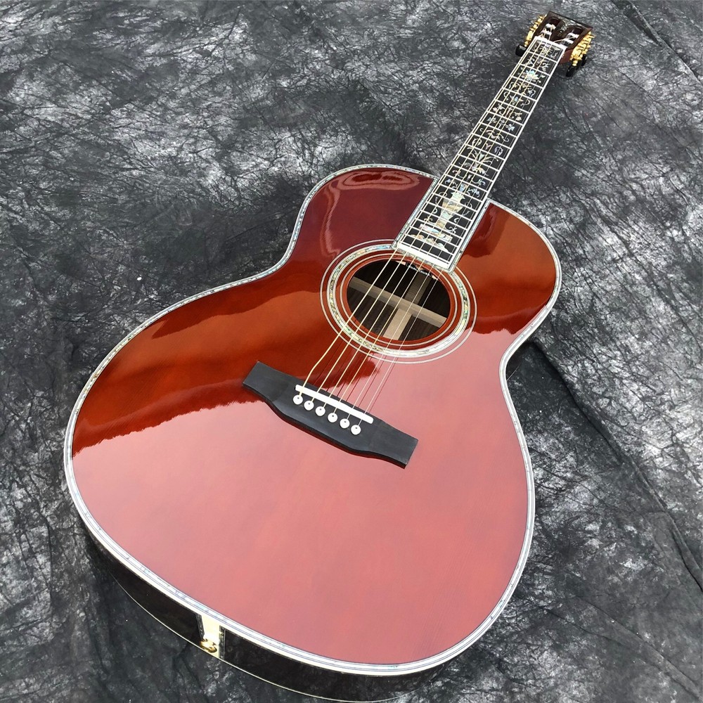 Wine Red 39" OOO Type Solid Spruce Top Acoustic Guitar Abalone Ebony Fingerboard