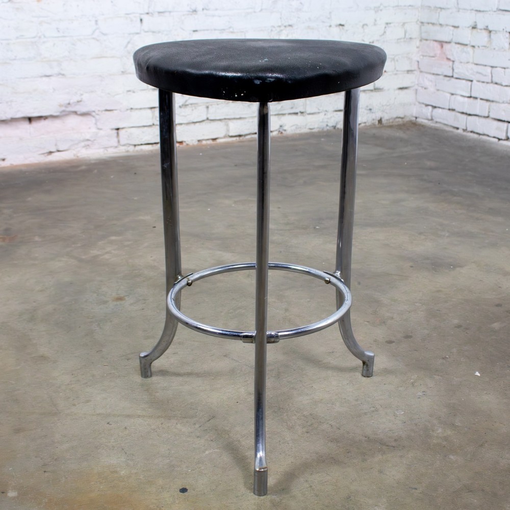 Art Deco Streamline Moderne Low Stool Solid Chrome Legs & Black Vinyl Seat