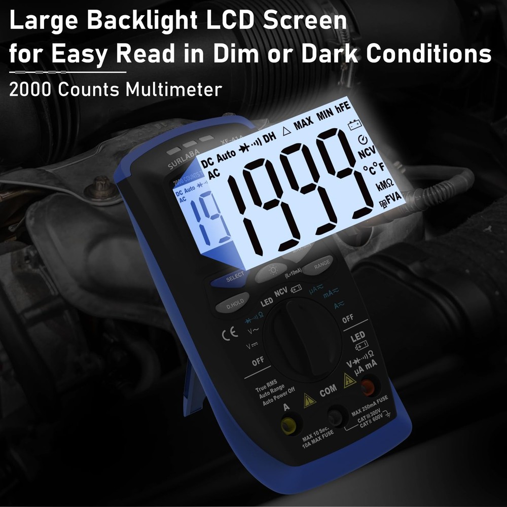 SURLABA Digital Multimeter, DC/AC Current Voltage Tester, 41A-B, Blue
