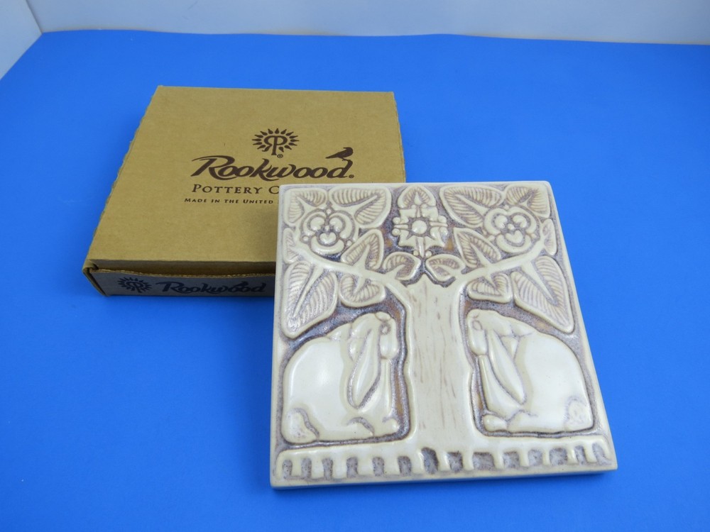 Rookwood Pottery Bunny Tree Tile Trivet White Grey 2011