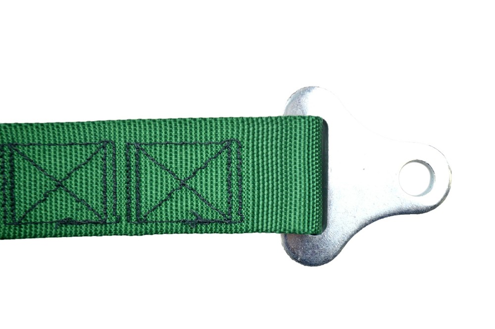 FLOOR MOUNT THREE POINT HARNESS BOLT IN PULL DOWN LAP BELTS DARK GREEN