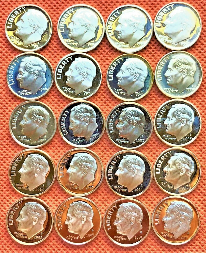 1992-2011,  SET OF 20 COINS SILVER PROOF DIMES