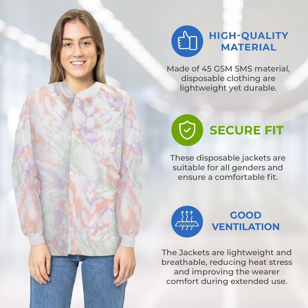 Multicolor Disposable Lab Jackets SMS Snap Front 3 Pockets 100 Count Large