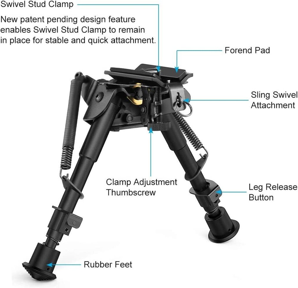 6" to 9" Adjustable Pivot / Rotating Spring Return Rifle Bipod Adjustable Legs