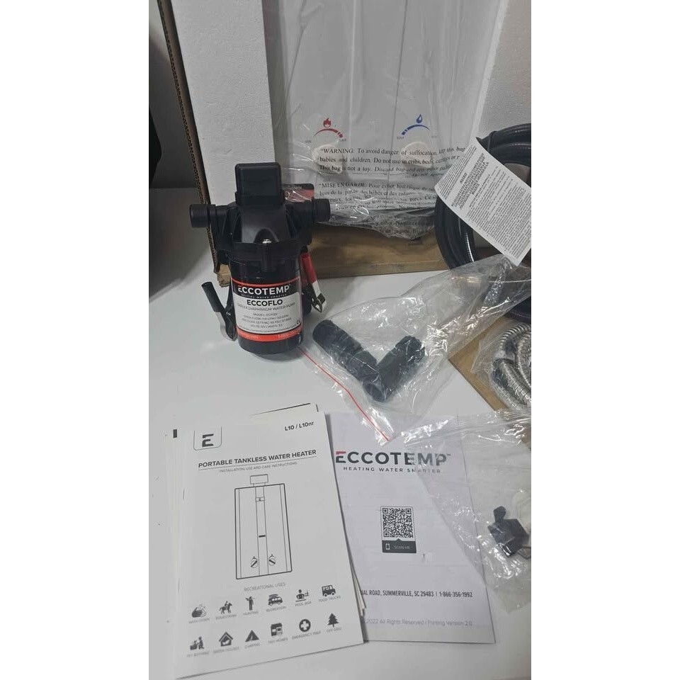 Eccotemp portable tankless water heater and water pump for off-grid use