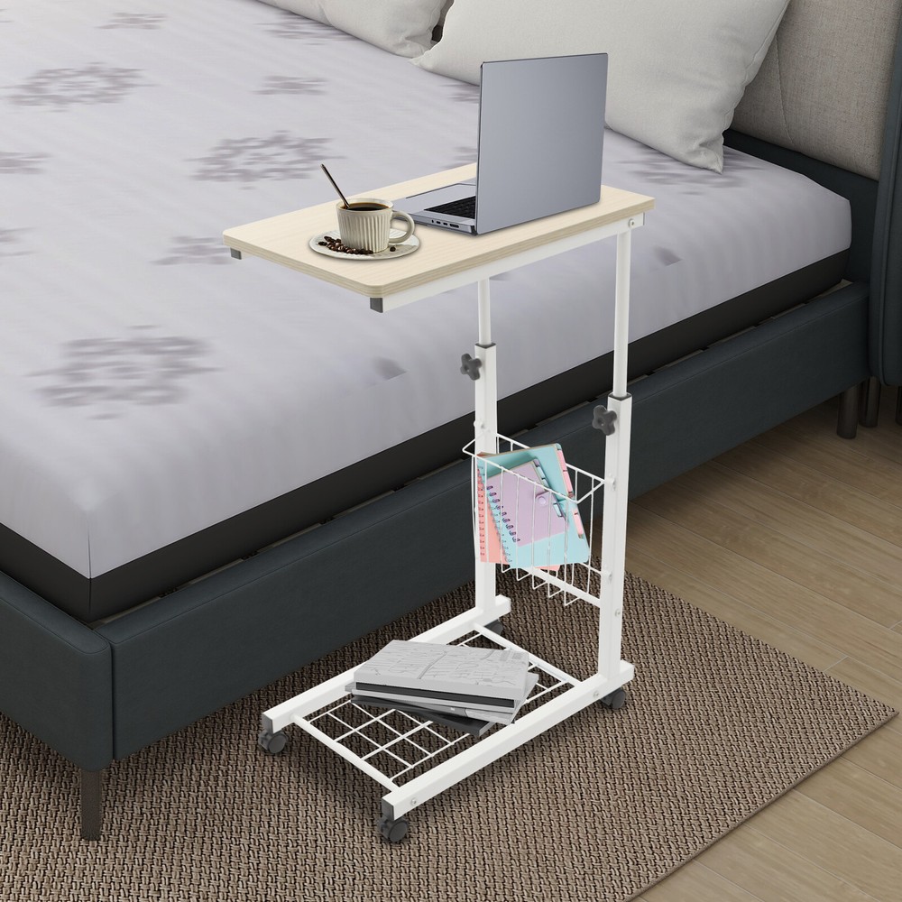 Adjustable Bed Side Table With Wheels, 2 Tier C Shaped Mobile Standalone Table