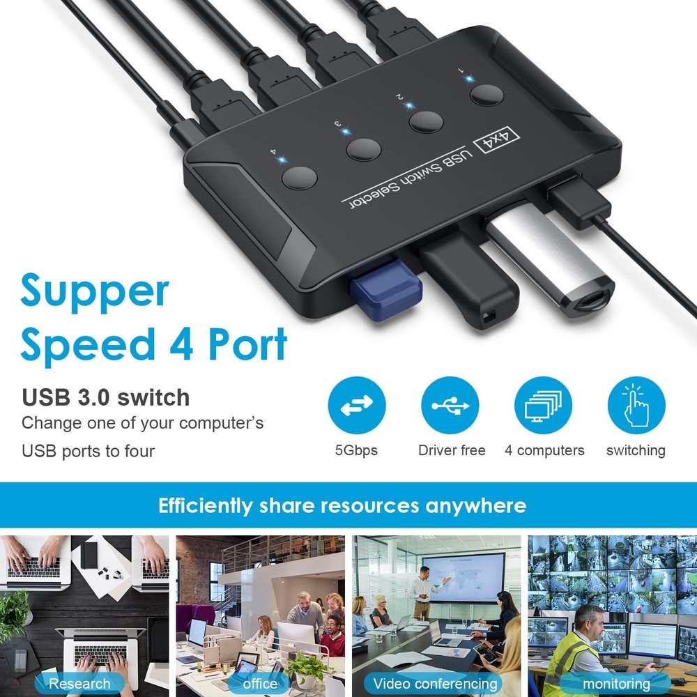 USB 3.0 Switch, Premium USB Switcher Computers Sharing 4 USB Devices for Keyb...