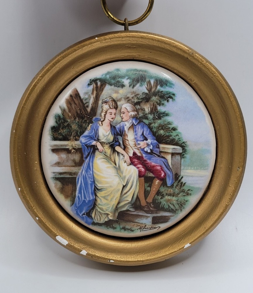 Victorian Hand Painted Courting Scene Tile • Chalkware Frame Wall Plaque •Signed