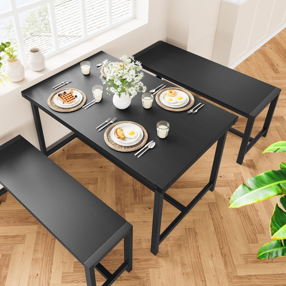 Kitchen Table with 2 Benches ,3 Piece Dining Table Set for 4 ,Dinette Set Black