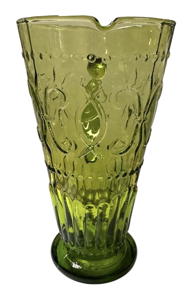 Vintage Pitcher Emerald Green Glass Fleur-de-lis Design EUC