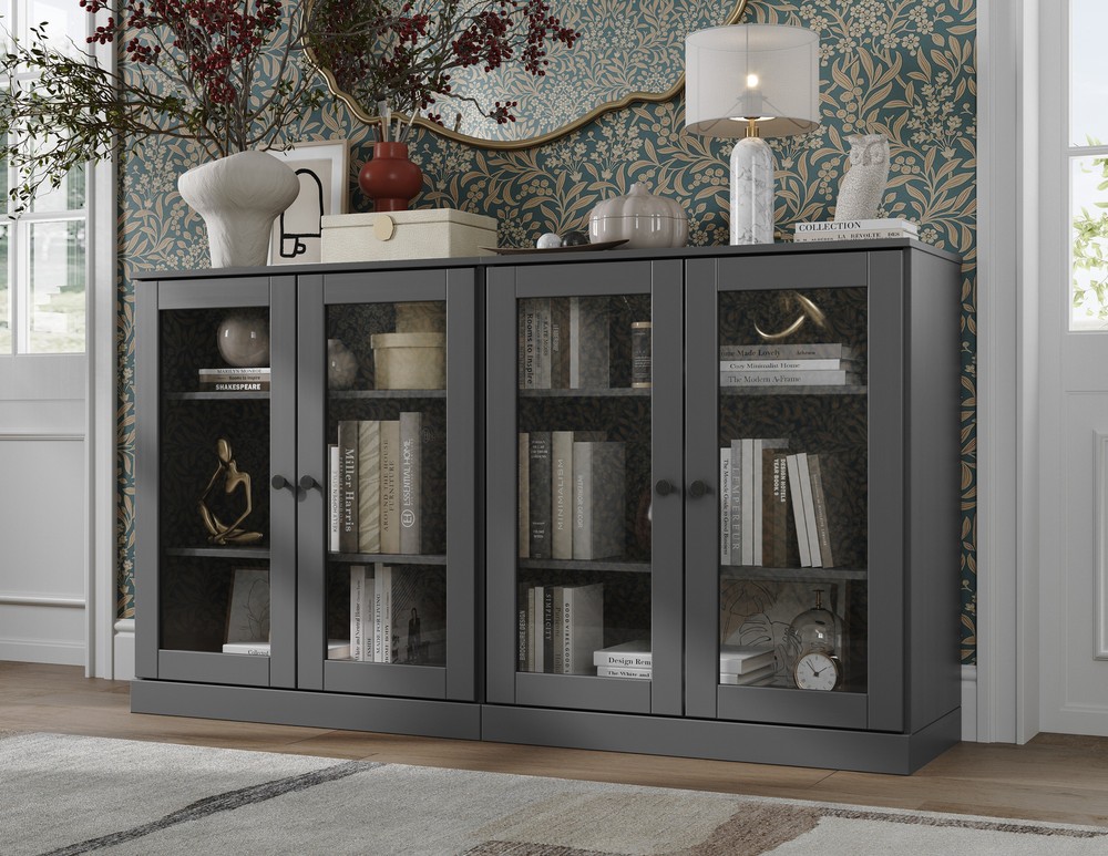 100% Solid Wood 64" Modular Sideboard, 2 Clear Glass Doors
