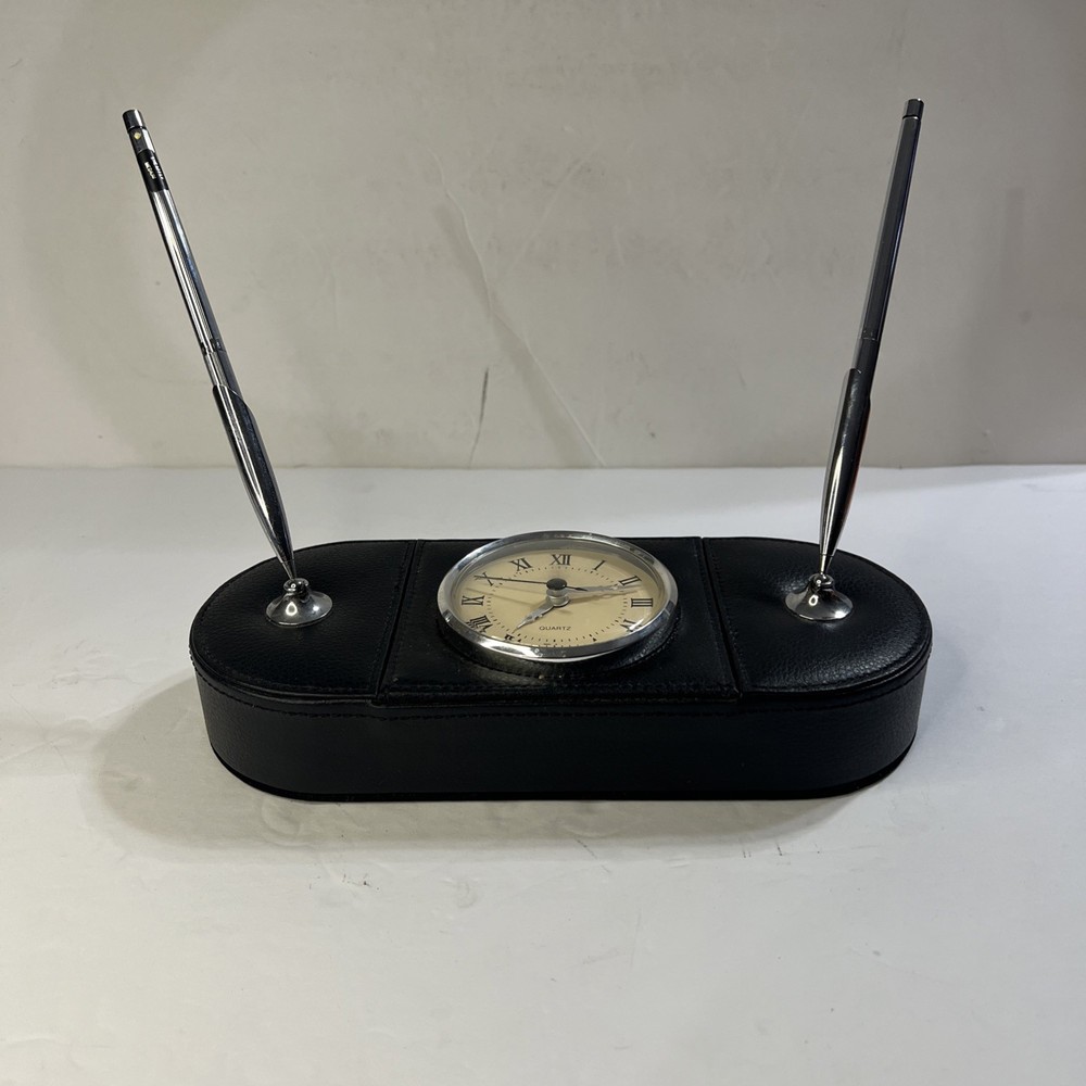Leather Desk Clock & 2 Pens Leather Wrapped
