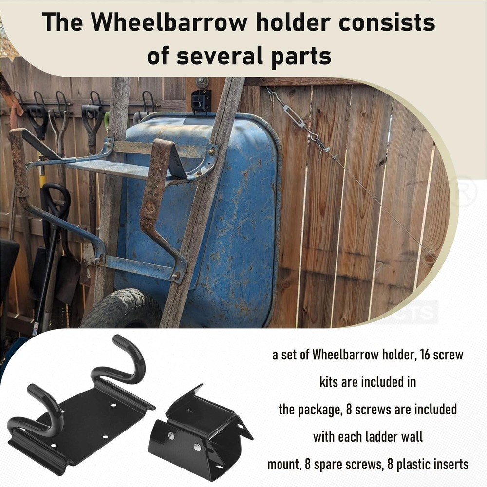 Wheelbarrow Storage Bracket - 90 lbs Capacity, Heavy Duty Storage Hook for Mo...