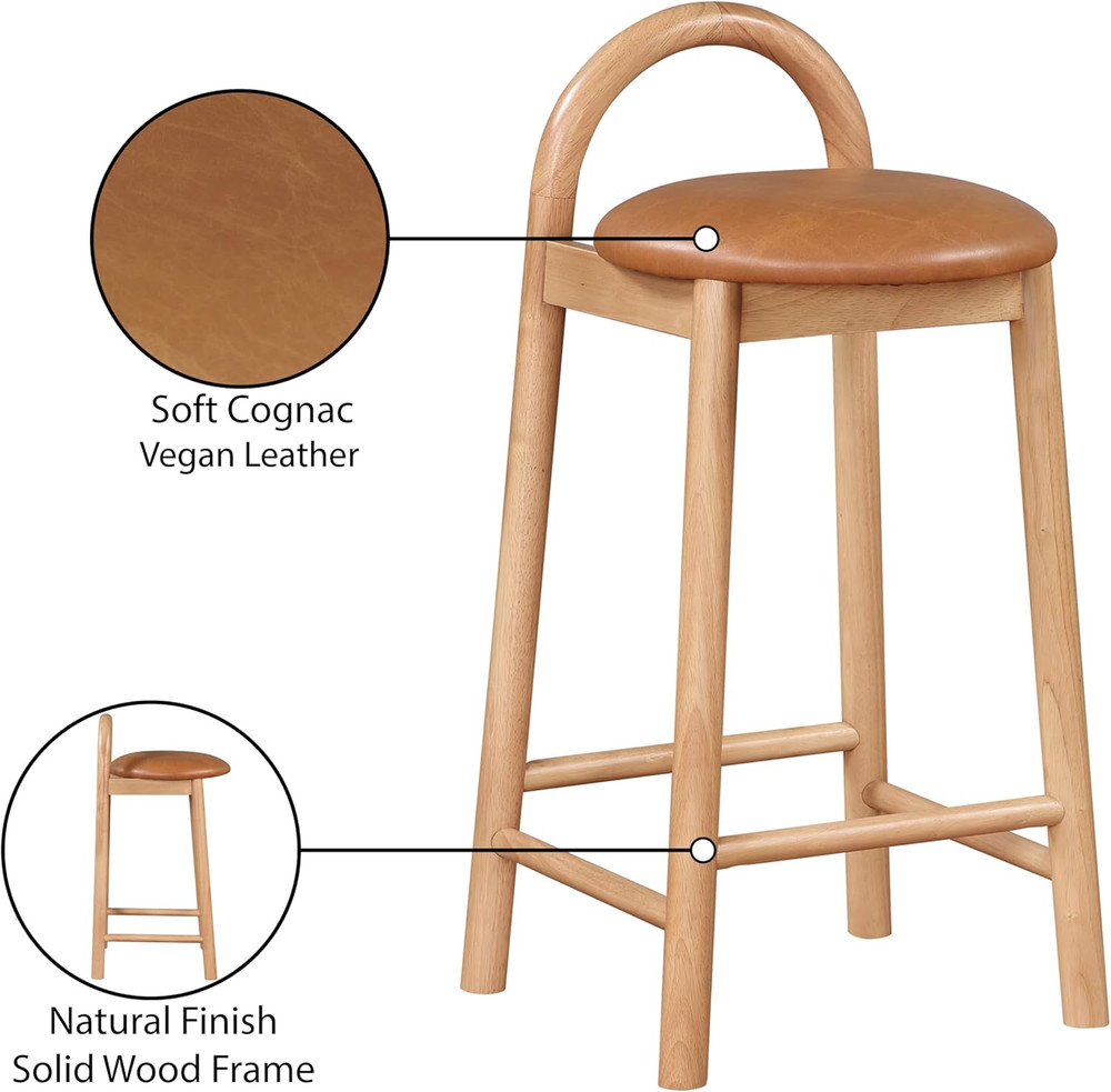 Cognac Vegan Leather Mid-Century Modern Stool with Solid Wood Frame