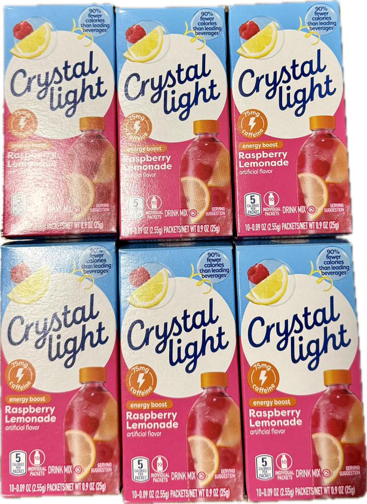 6 Crystal Light Raspberry Lemonade Drink Mix Energy Boost 10 Packets Each