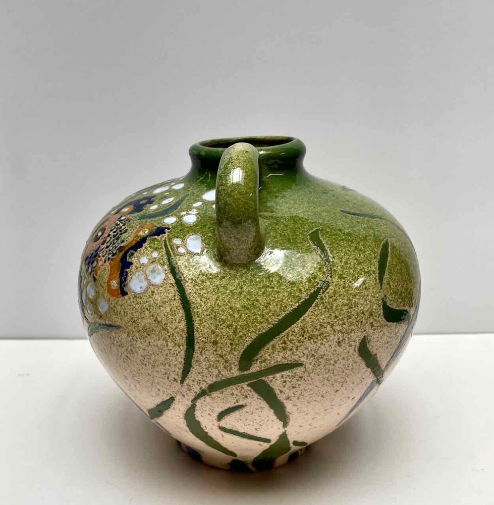 Handmade Pottery Jug Ewer w Handle Applied Multicolor Fish Bubbles Green Signed