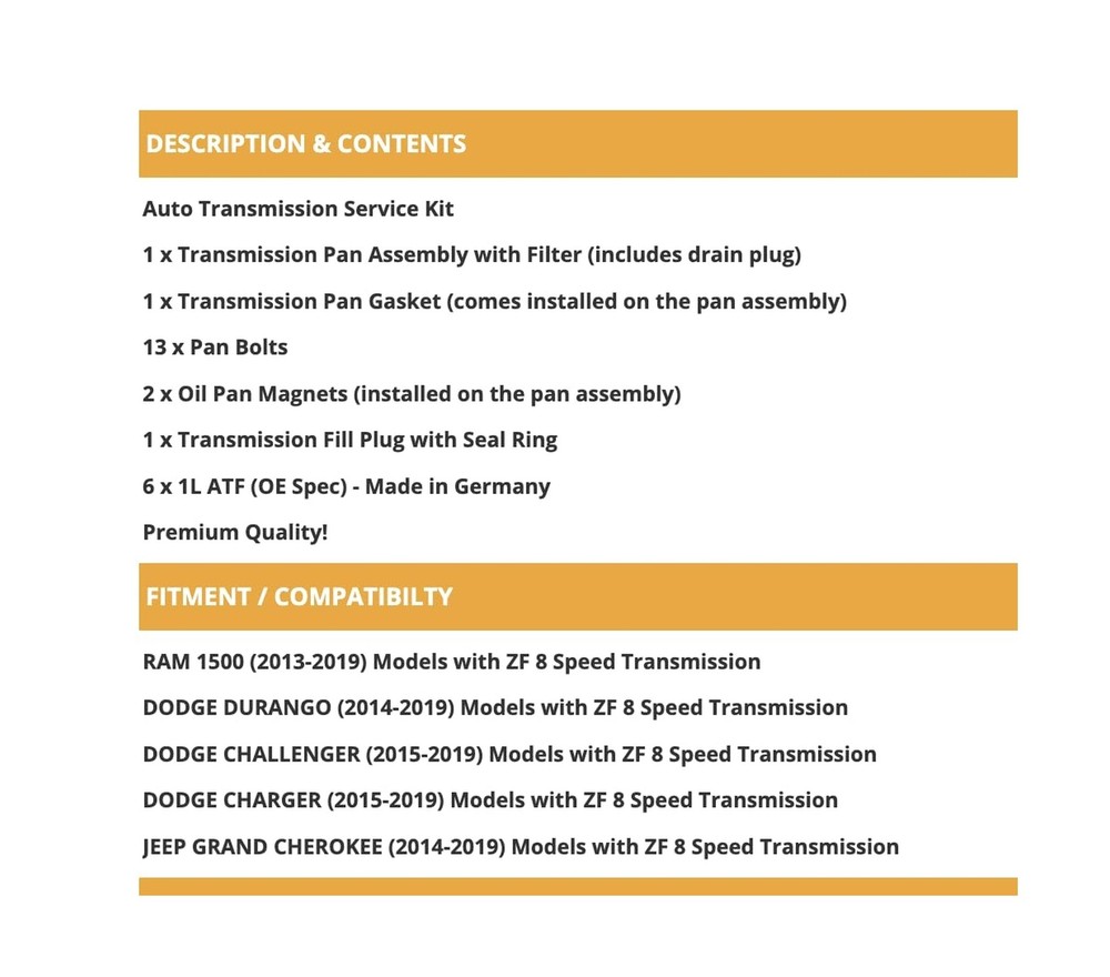 8 speed ZF Transmission Fluid & Filter Service Kit for RAM 1500, Durango, Gra...