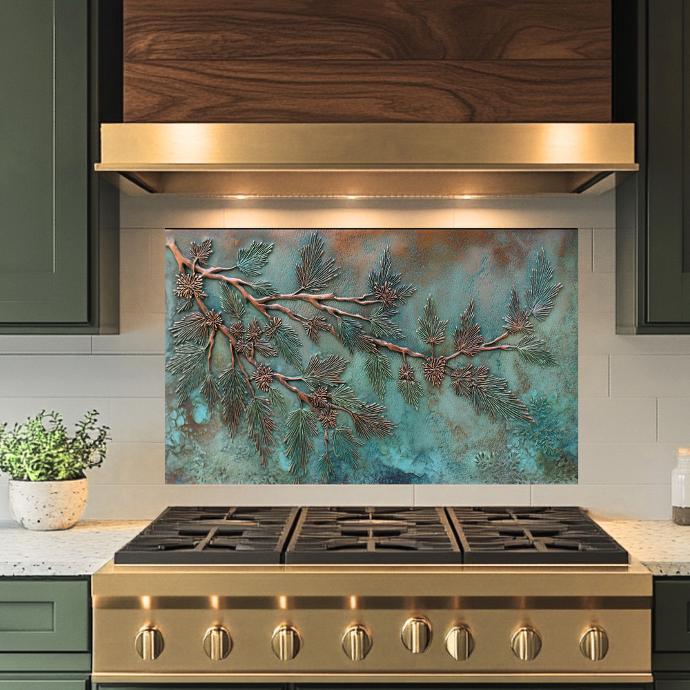 Green Rusted Copper Pine Tree Look Backsplash, Tempered Glass Kitchen Backsplash