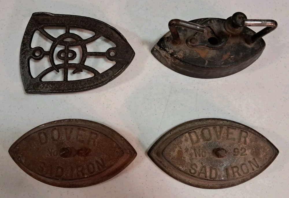Two Sad Irons, Handle, Iron Rest, Four Piece Set