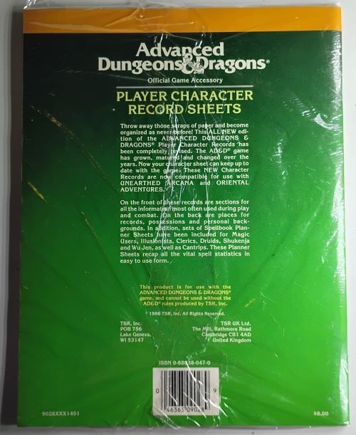 TSR 1986 Player Character Record Sheets Advanced Dungeons And Dragons REF2 9028