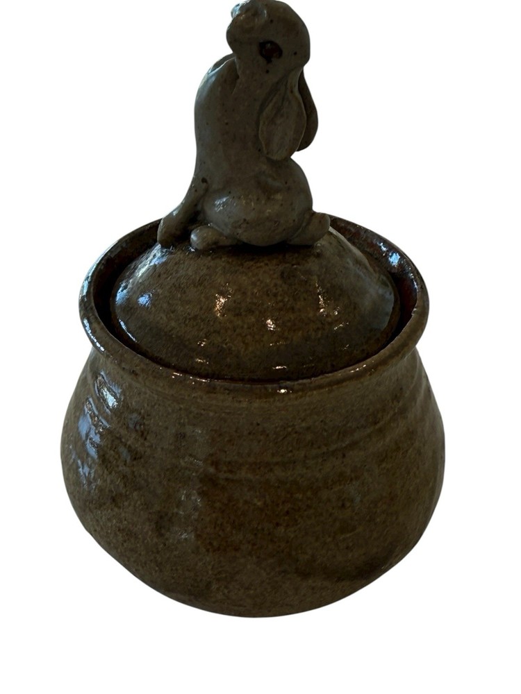 Studio Art Vessel Lidded Jar Pot Rabbit Stoneware Signed 1997