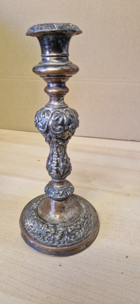 Antique Weighted Silverplate on Copper Candlestick Embossed Pattern 25cm Tall