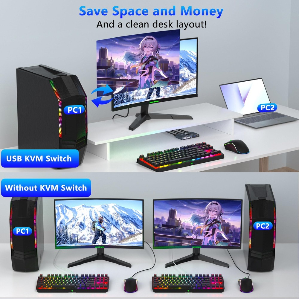 KVM Switch, KVM Switch 1 Monitors 2 Computers, HDMI Switch, 4K60Hz KVM Switch...