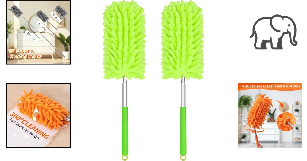 Ergonomic Mini Duster 2 Pack - 360° Flexible, Extendable, Washable for Dusting