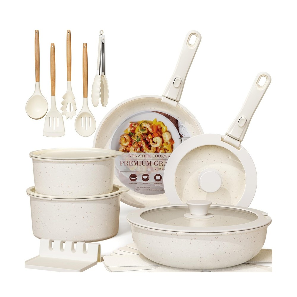 Astercook 21Pcs Pots & Pans Set Non Stick,Ceramic Cookware Set Detachable Handle