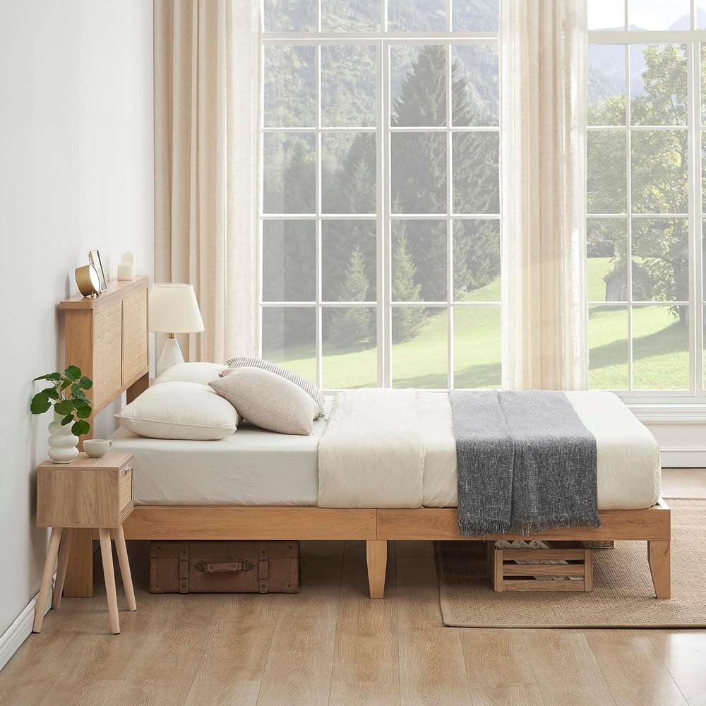 Full Bed Frame W/Rattan Headboard Platform Bed Frame LED Lights Wood Headboard
