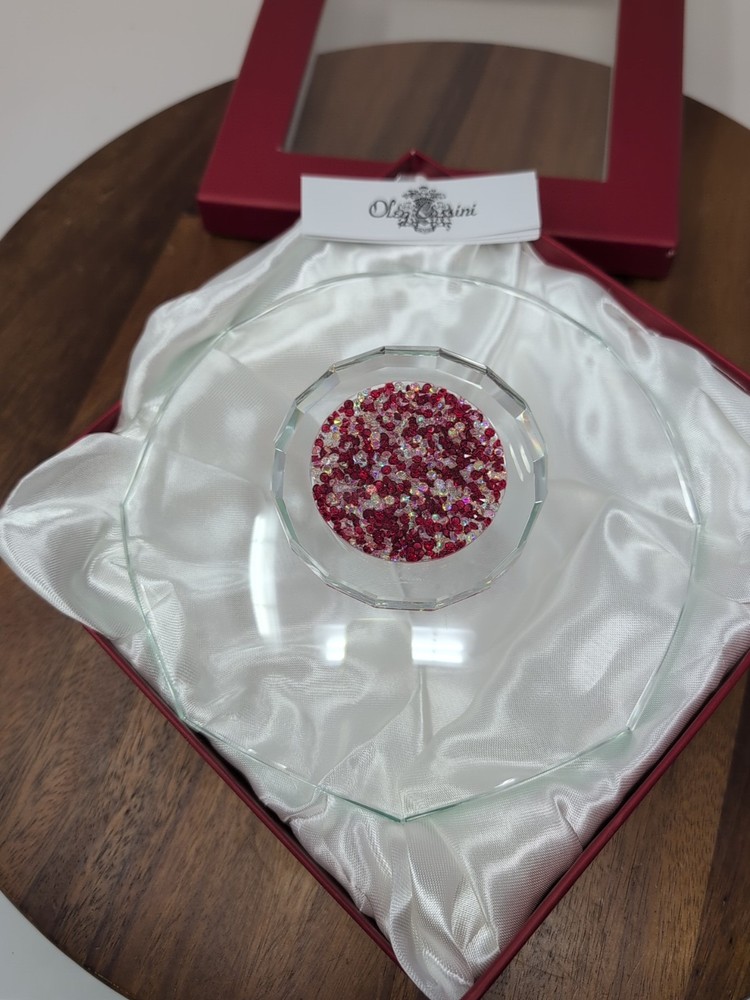 Oleg Cassini Crystal Footed Bowl Ruby & Clear Crystals Center 7" Signed Bling!