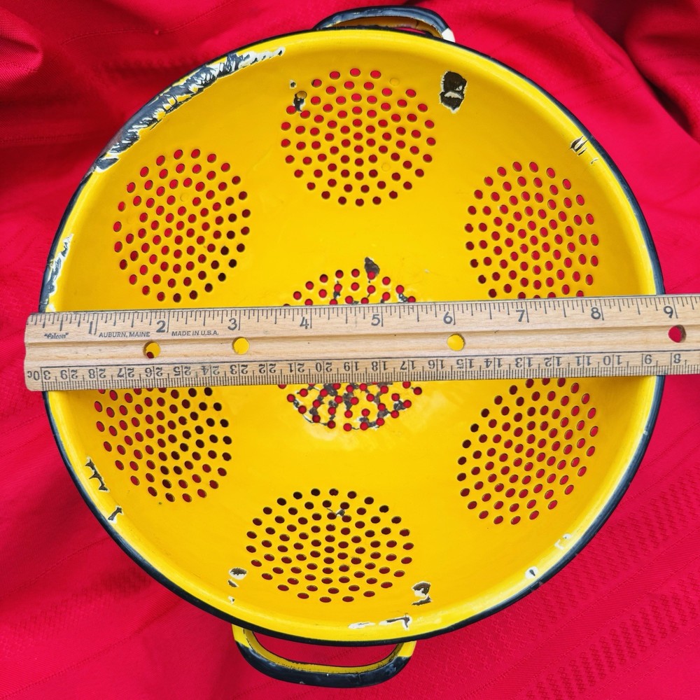 Vintage 9” Yellow & Black Enamelware Strainer Colander