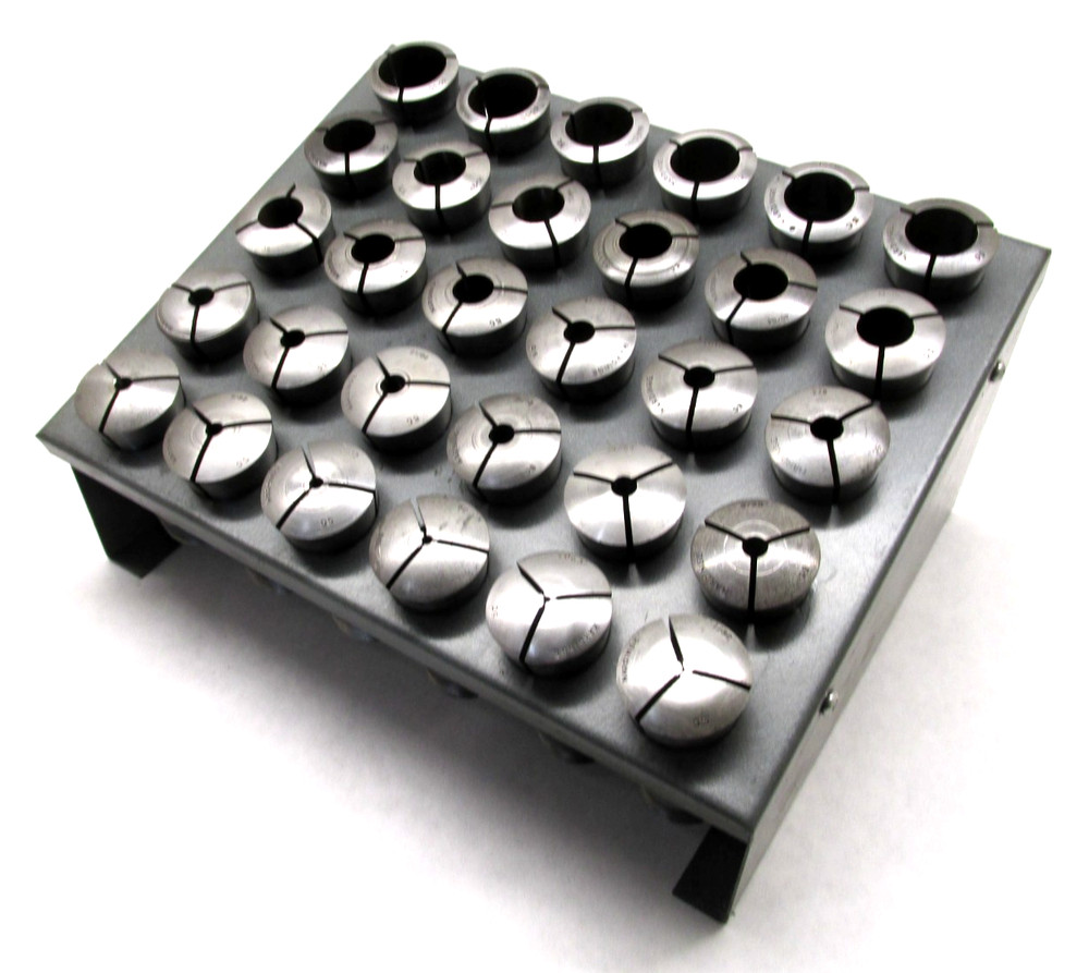 30 HARDINGE ASSORTED 5C ROUND COLLETS w/ RACK