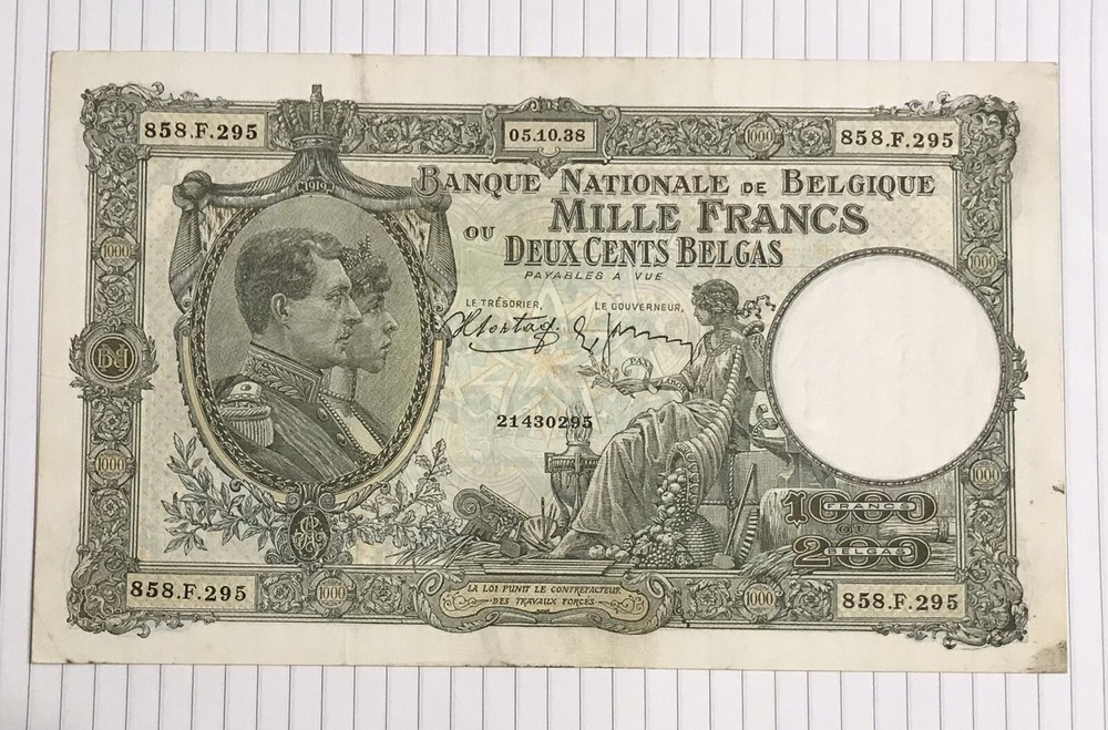 Belgium 1000 Frank 1938 P-104 VF