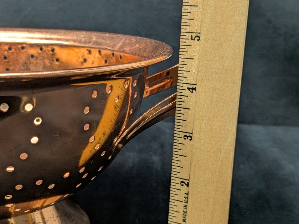 Vintage Copper Colander Hearts Ceramic White Blue Handles