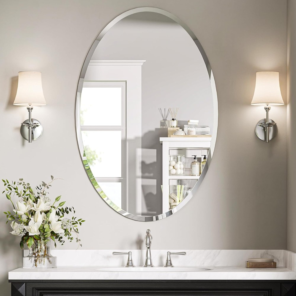 Frameless Oval Mirror 28x20" – Back Panel Support Ideal for Bathroom Over Vanity