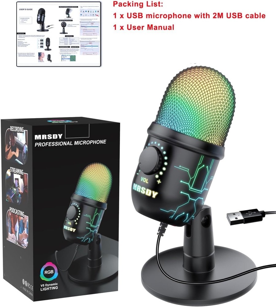 Compact USB RGB Microphone for Gamers & Creators - Easy Mute & Volume Control