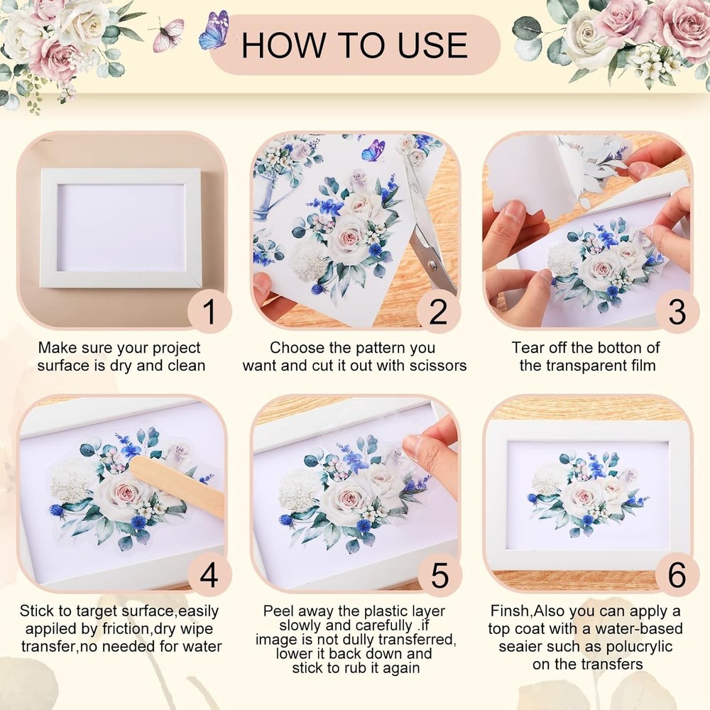 Artistic 12 Sheet White Rose Transfer Decals - Versatile for DIY Home Projects