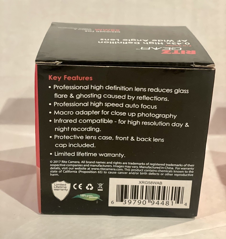Ritz Gear Camera 58MM Lens Filter Set Flash .43 Wide Angle 2.2 High Def
