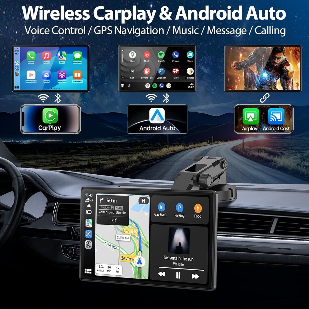 Wireless CarPlay AndroidAuto Screen - Portable Dash 9" HD, Strongest Mount