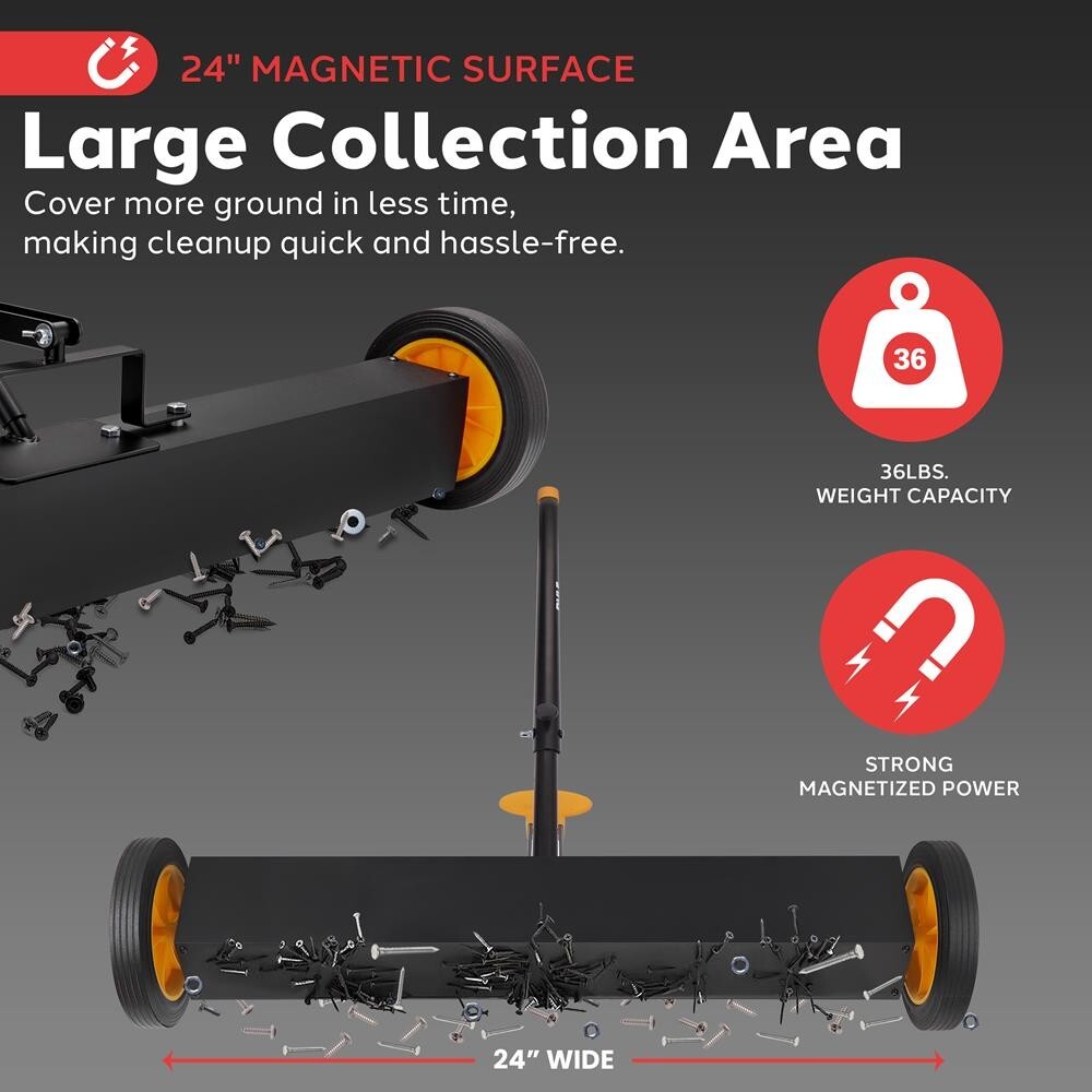 Pyle 24” Heavy-Duty Magnetic Sweeper w/ Wheels- Strong & Durable Construction