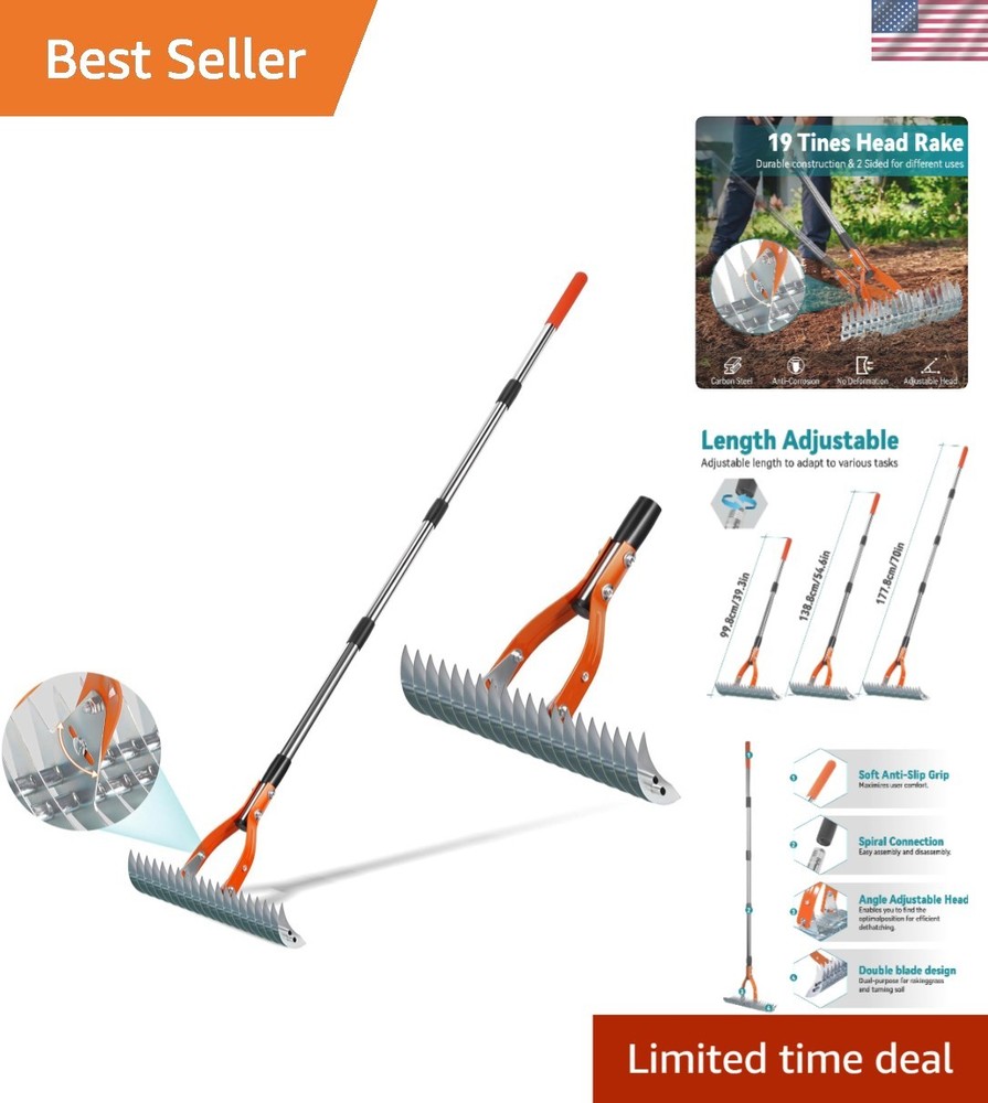 Heavy-Duty 19-Tine Dethatcher Rake with 70'' Adjustable Handle for Lawns