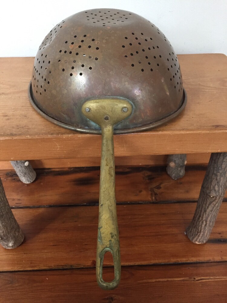 Vintage Antique Solid Copper Water Strainer Colander With Solid Brass Handles