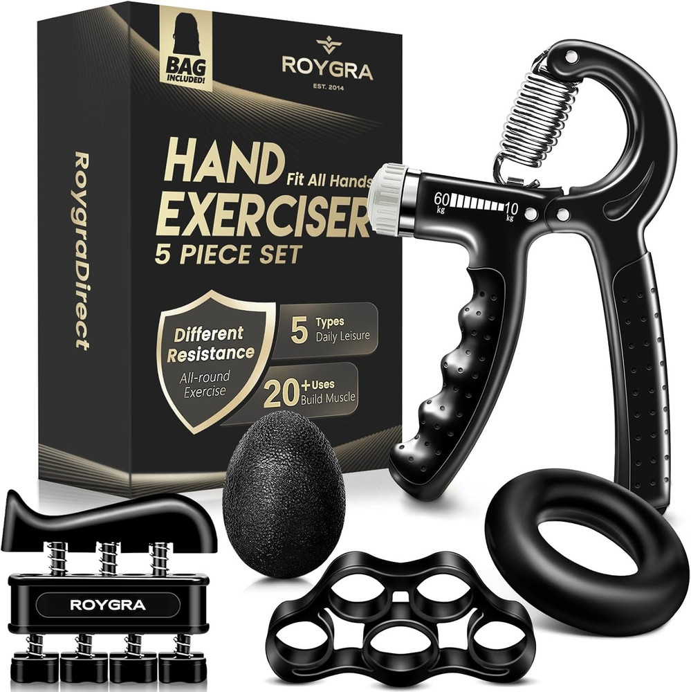 Hand Grip Strengthener Set 5 Pack, Adjustable Forearm Trainer, Grip Ring Ball