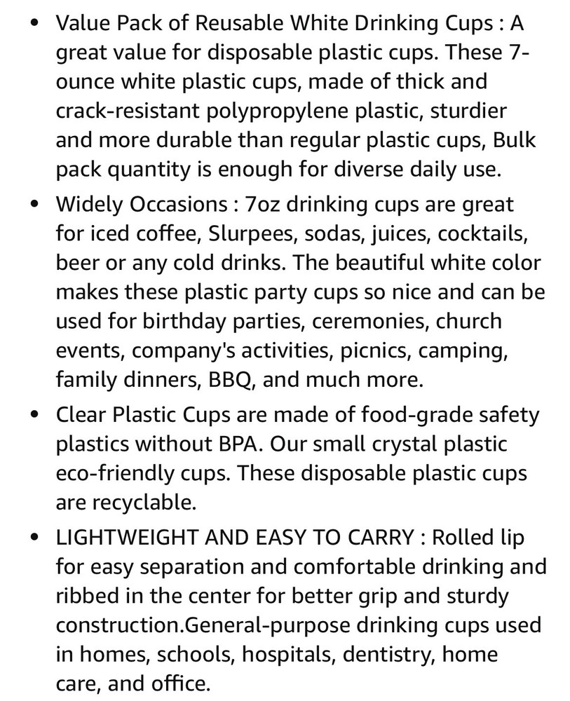 100pc Reusable White Plastic Cups 7oz Disposable Cup 180Cc White Drinking