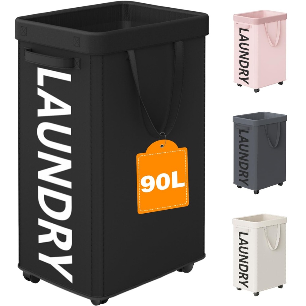 Laundry Basket with Wheels, 90L Rolling Laundry Hamper with Wheels, Large Clo...