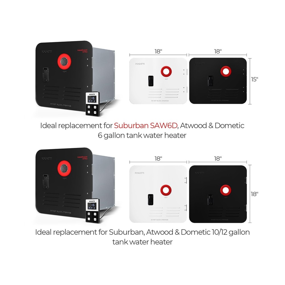 FOGATTI RV Tankless Water Heater, InstaShower 8 Plus, Gen 2, with 15 x 15 inc...