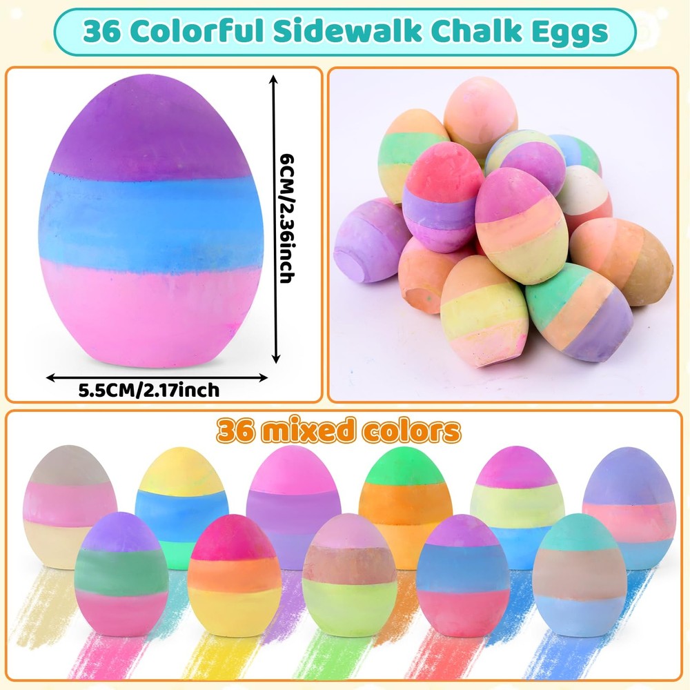 36 Pack Easter Sidewalk Chalks Bulk 3-Layer Chalk Eggs for Kids Easter Basket...
