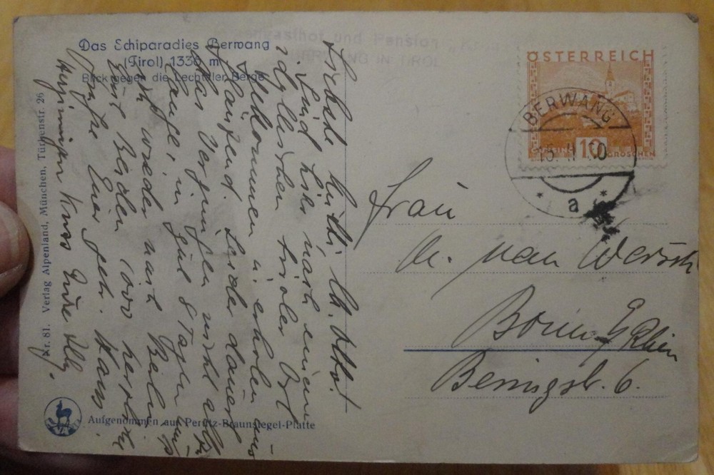 1930 Berwang Austria 10g on postcard