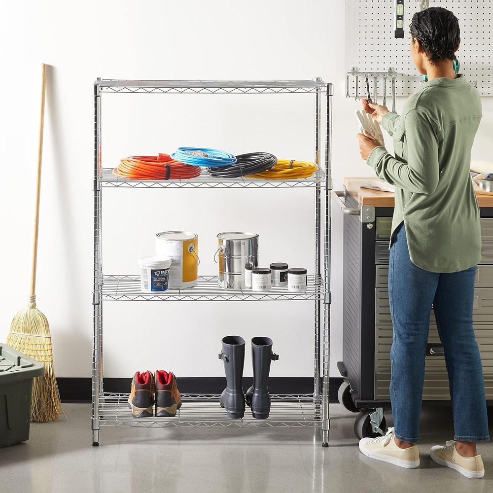Adjustable 4-Shelf Wire Rack - Durable Chrome Storage Unit for Kitchen or Garage